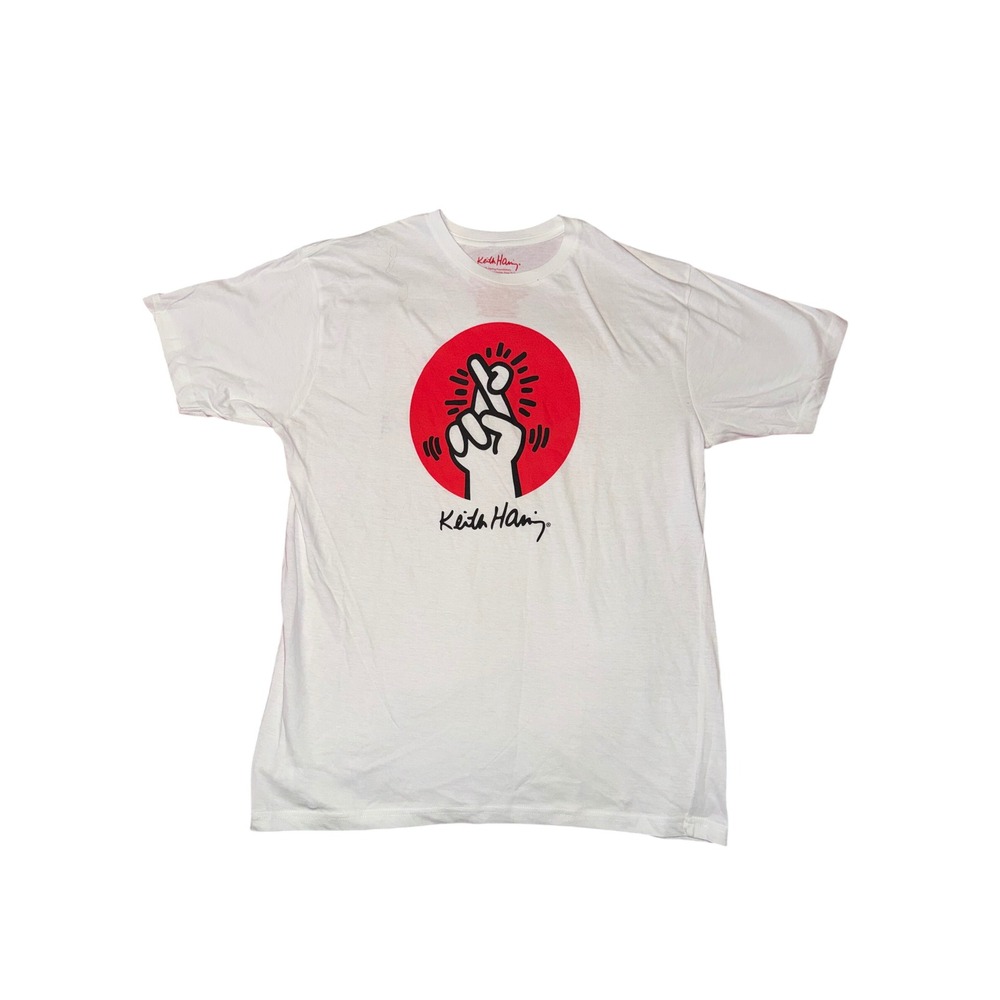 Keith Haring Foundation Crossed Fingers Graphic T-Shirt Mens Large White Red Tee